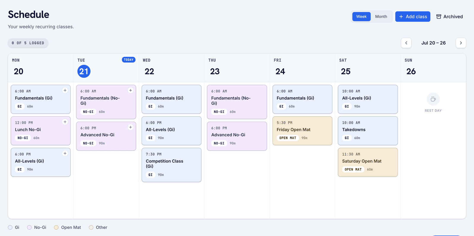 rollog studio schedule showing a published week of classes
